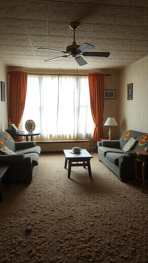 Living room with shag carpet, featuring two sofas, a small table, and large windows with curtains.