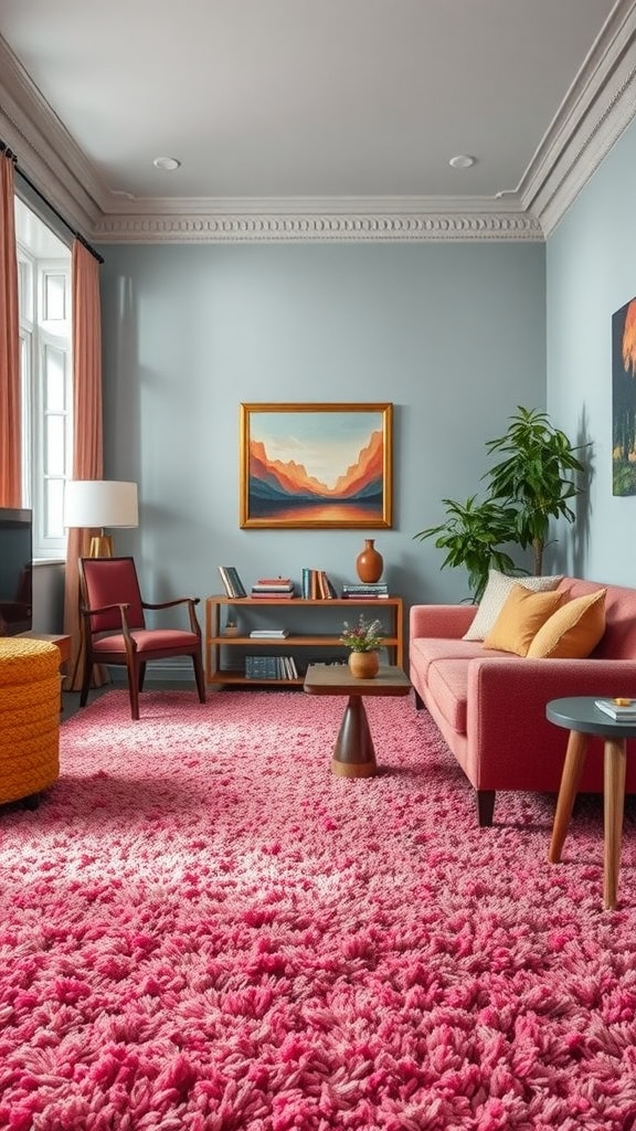 A colorful living room featuring a pink shag carpet, modern furniture, and artwork on the walls.