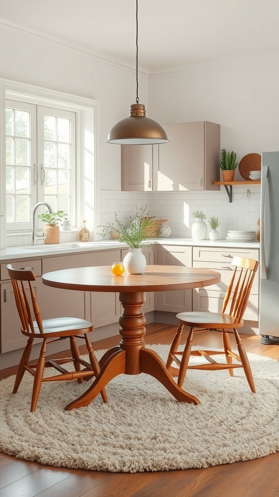 A cozy kitchen featuring a round wooden table with two chairs on a soft area rug.