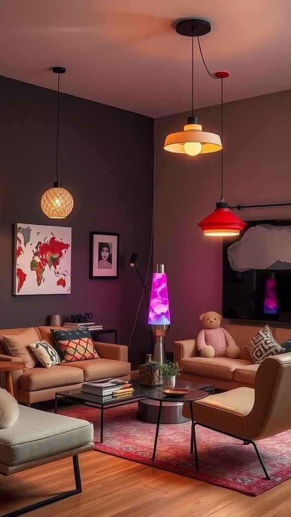 A cozy 70s-inspired living room with colorful statement lighting fixtures including pendant lamps and a lava lamp.