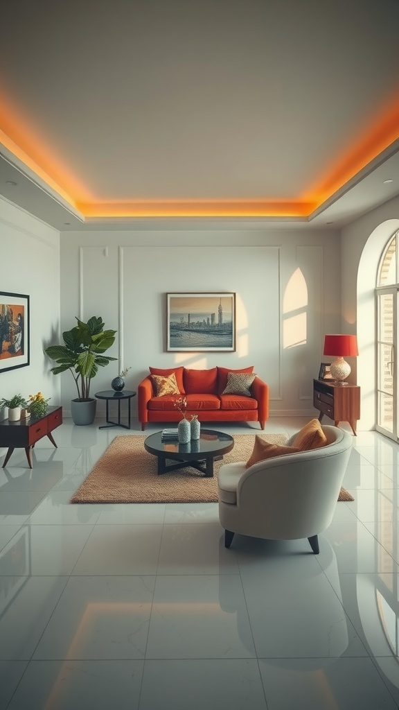 A cozy sunken living room with an orange couch, white walls, and plants.