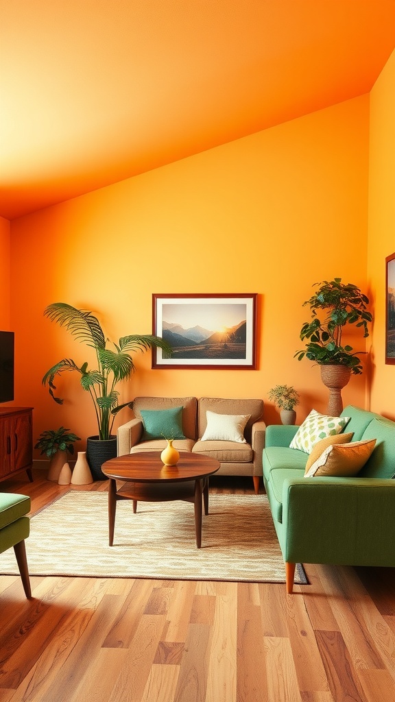 A vibrant 70s living room with orange walls and green sofas.