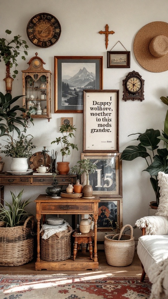 A cozy vintage home decor display featuring various antique items, plants, and wall art.