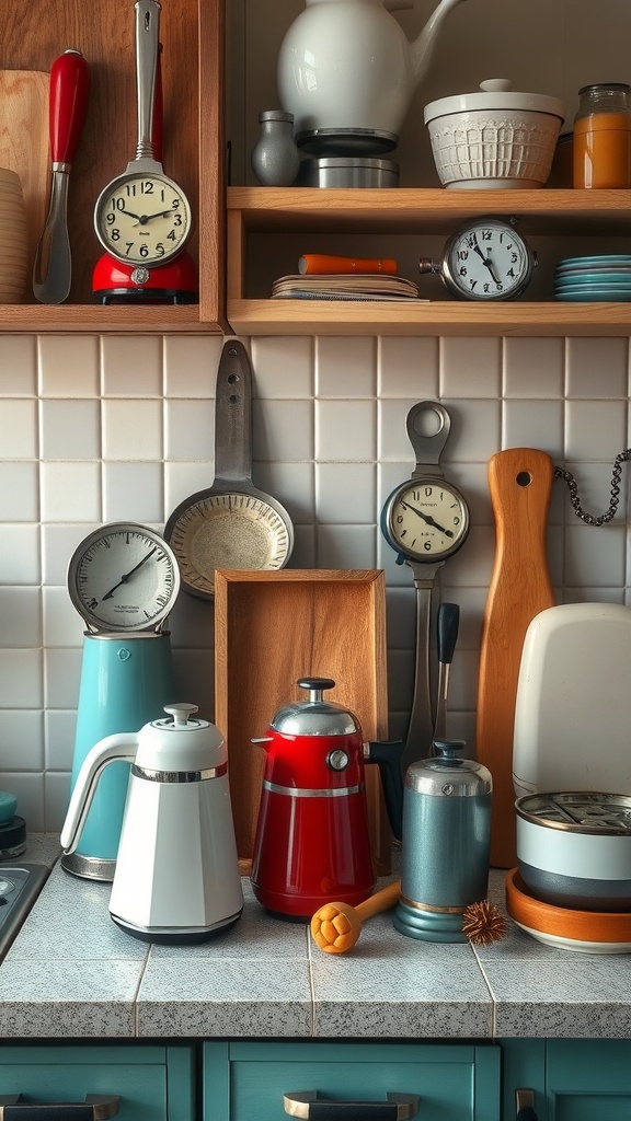 A cozy kitchen with vintage gadgets and colorful items on display.