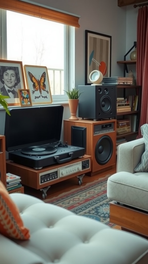 A vintage media center featuring a record player, large speakers, and retro artwork in a cozy living room setting.