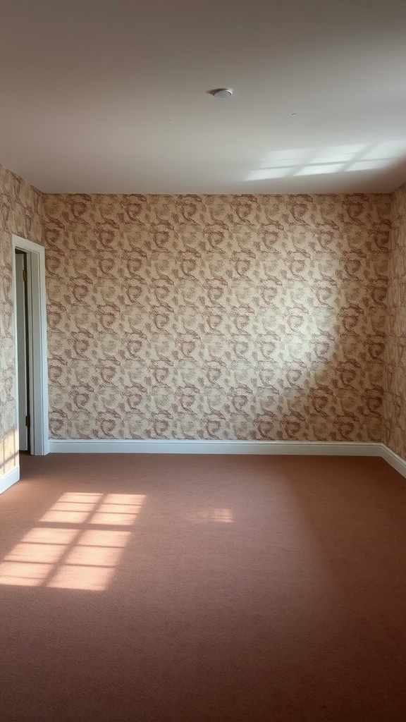 A room with faded wall-to-wall carpeting and patterned wallpaper, showcasing outdated decor