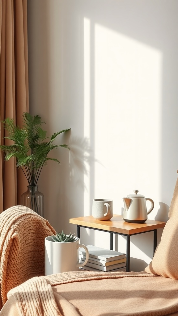 Cozy living room corner with a warm drinks station featuring a kettle, mugs, and a blanket.