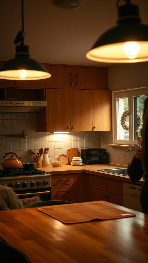 A cozy kitchen with warm lighting and wooden cabinets.