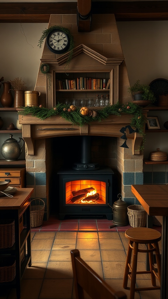 A cozy kitchen with a fireplace, decorated with greenery and warm light.