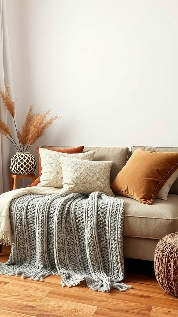 A cozy living room scene featuring a neutral-colored couch with a knitted gray blanket and decorative pillows, along with natural decor elements.