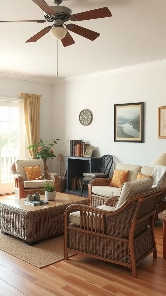 A cozy 70s-inspired living room featuring wicker furniture, including armchairs and a coffee table, with soft cushions and a warm color palette.