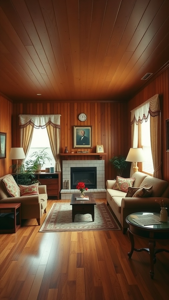 A cozy 70s living room featuring wood paneling accents, a fireplace, and comfortable furniture.